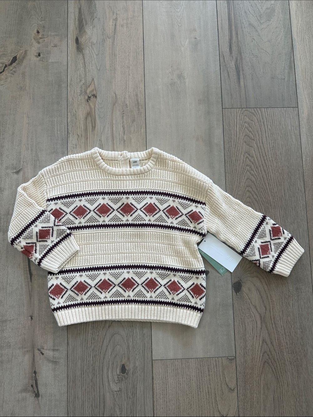 H&M Cream Knit Sweater with Rust Diamond Fair Isle